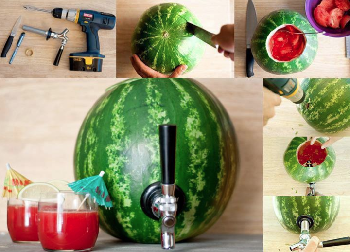 watermelon keg juice dispenser DIY main ;with four small showing how to steos