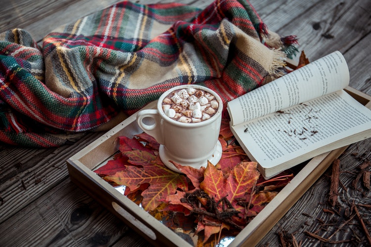 autumn favourites leaves coffee book